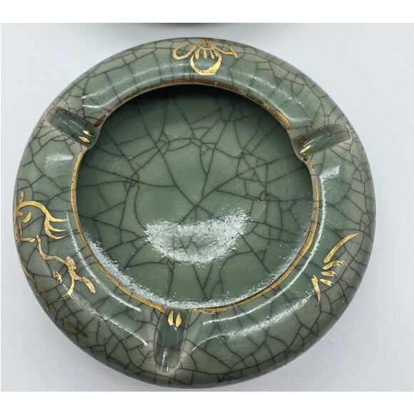 Vintage Somayaki‎ green crackle glaze ashtray Set of two gold accents. - Picture 1 of 6